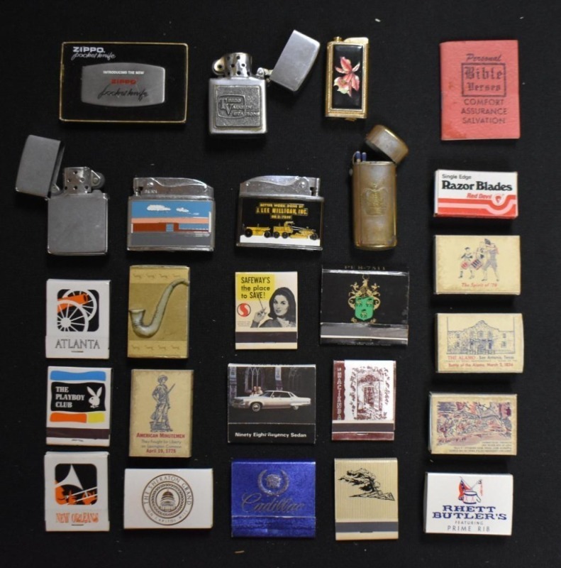 Box lot assortment of cigarette lighters and advertising match books