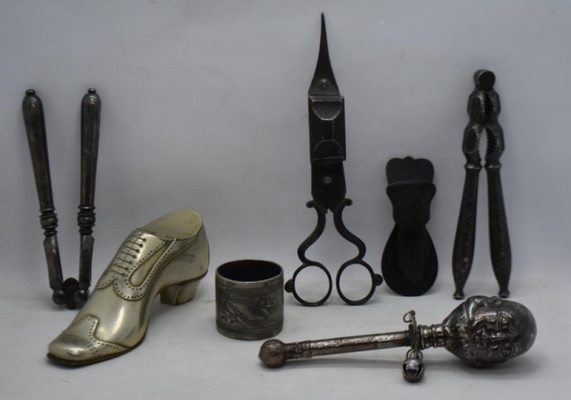 (7) Mixed Silverplate items incl. baby rattle, nut cracker, napkin ring, etc.