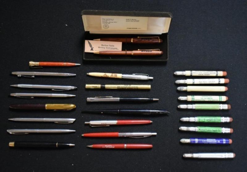 Box lot assortment of pens, mechanical pencils and advertising bullet pencils