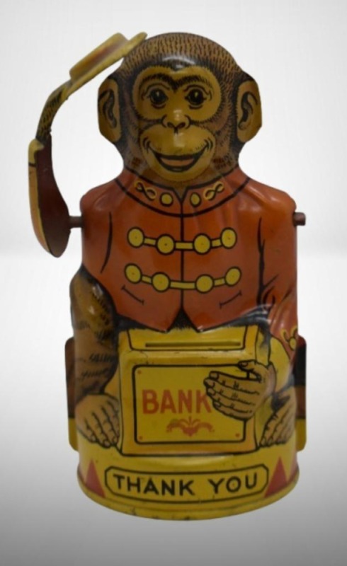 1940 J. Chein tin litho monkey tips hat mechanical bank