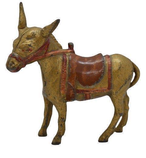 A.C. Williams Cast Iron small gold donkey bank, 4.5"h