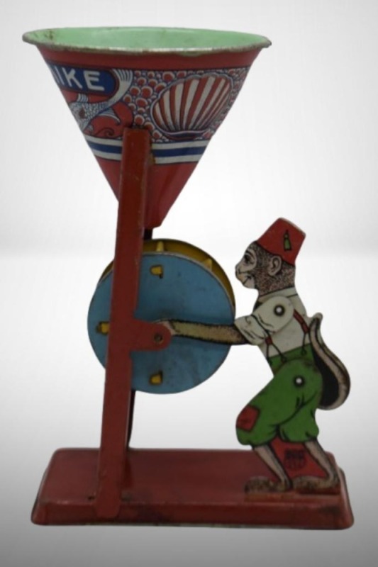 J. Chein tin litho "Busy Mike" monkey sand toy