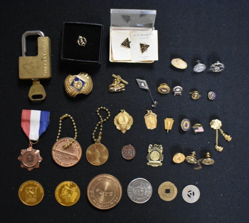 Box lot assortment of tie tacks, Boy Scout tie slide, award pendants, tokens etc.