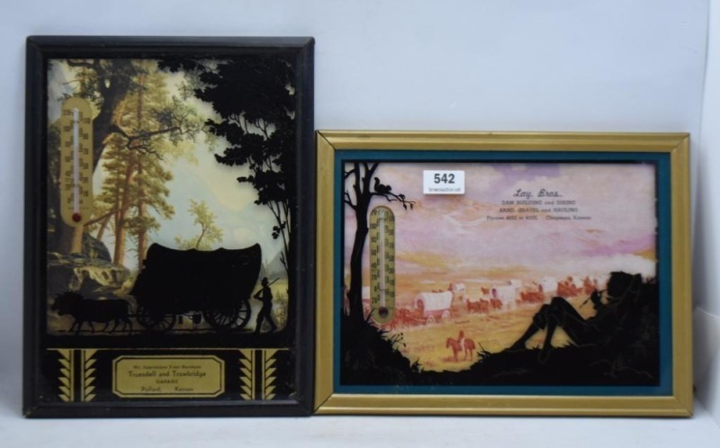 (2) Kansas Advertising western themed thermometers: Lay Bros Sand, Gravel and Hauling, Chapman; Truesdell and Trowbridge Garage, Pollard