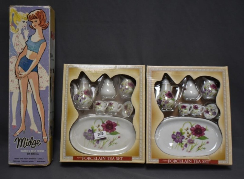 Midge (Barbie's Best Friend) by Mattel, original box; (2) Child's porcelain tea sets, original boxes