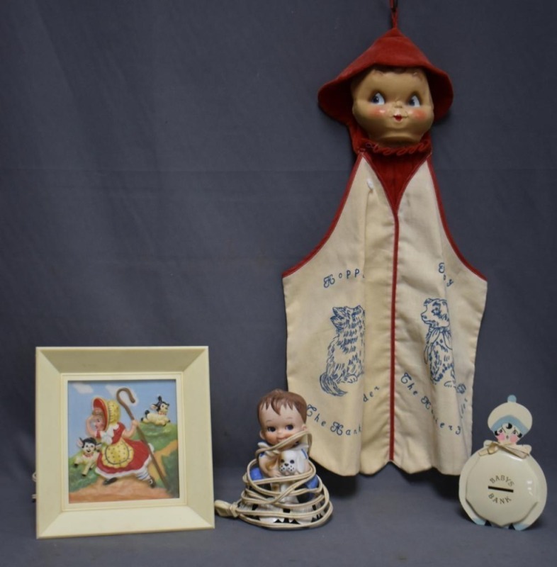 Children's items incl. celluloid "Babys Bank", wall hanging cloth hanky and hosiery holder, celluloid Little Bo Peep night light