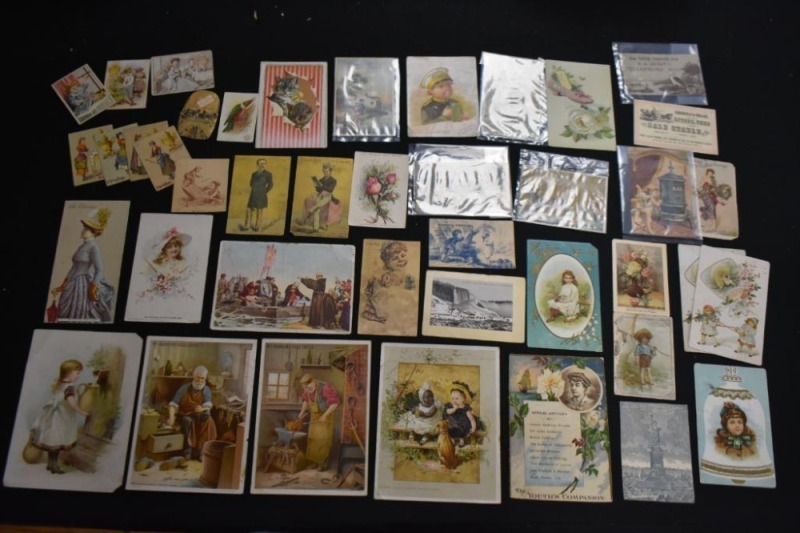 Box lot assortment of advertising trading cards - McLaughlin's Coffee, Ostrich Feather Dye Works, Forest Flower Cologne, etc.