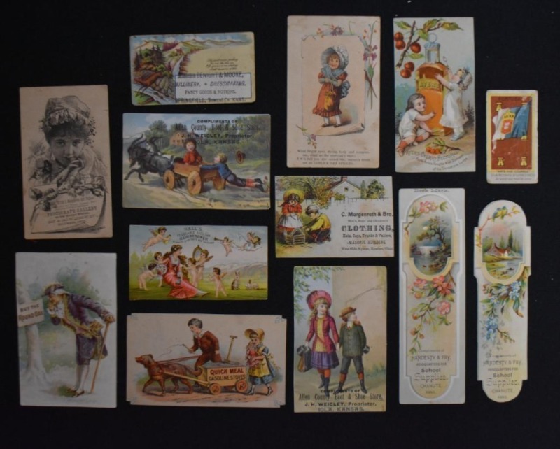 (13) Advertising trade cards - Quick Meal Gasoline Stoves, Hall's Hair Renewer, clothing stores, etc.
