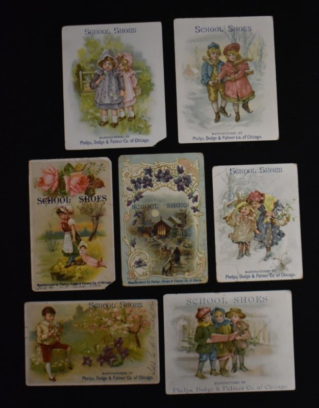 (7) Advertising trade cards - School Shoes, Mfg. by Phelps, Dodge and Palmer Co. of Chicago