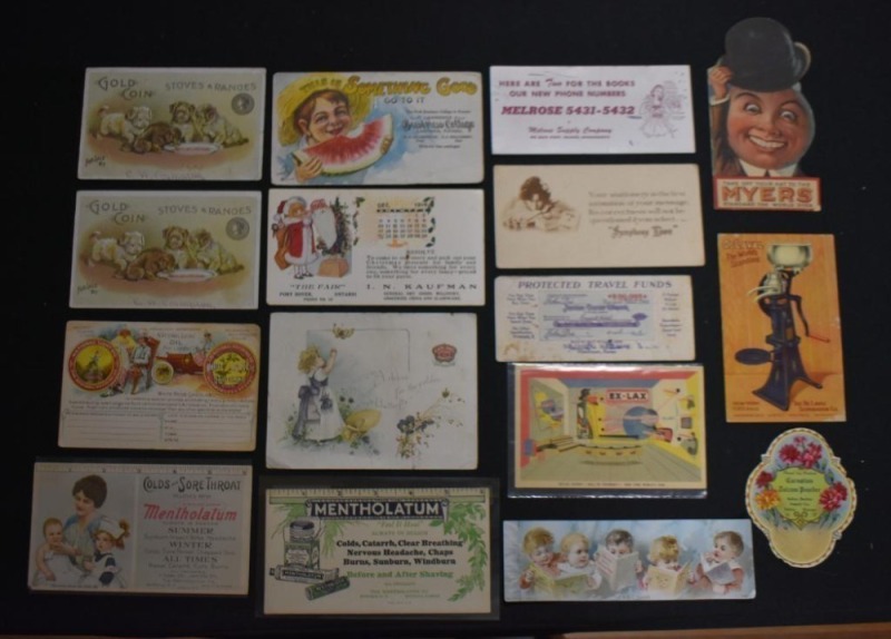 Box lot assortment of advertising paper items - DeLaval Separator, Gold Coin Stoves and Ranges, Mentholatum, etc.