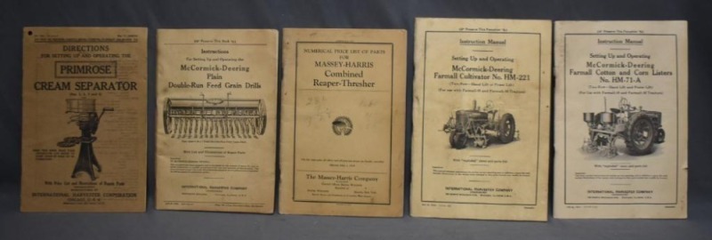 (5) Old Instruction Manuals: Primrose Cream Separator; (3) International Harvester implements; Massey-Harris Reaper-Thresher