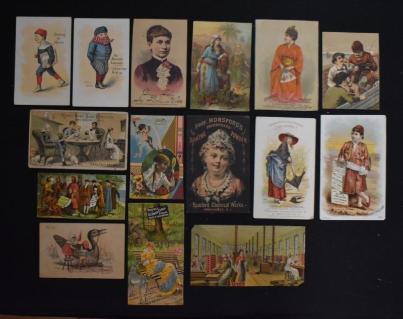 (15) Advertising trade cards - Cushman's Menthol Inhaler, , Prof. Horsford's Baking Powder, Boschee's German Syrup, etc.