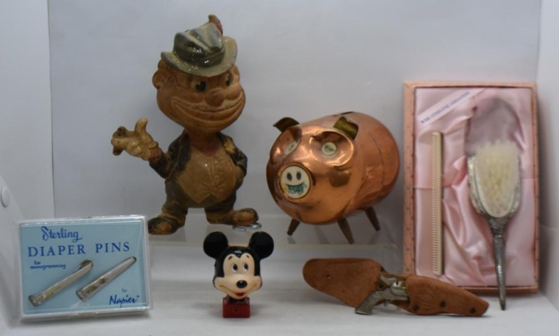Box lot assortment of children's items incl. Web Sterling baby comb and brush set, Sterling diaper pins for monogramming, 1940's Rempel Mfg. Ho Jo/ The Hobo Bum rubber doll, etc.