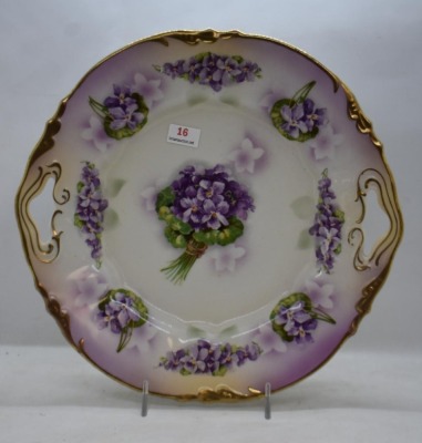 Mrkd. ES Prussia 10.25" cake plate, purple clematis