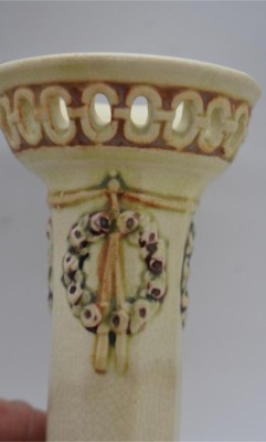 Mrkd. Weller Roma 6.5" vase w/ reticulated band - 4