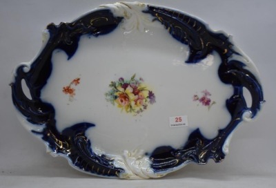 Mrkd. R.S. Prussia (steeple mark) cobalt dbl. handled tray, small floral bouquet