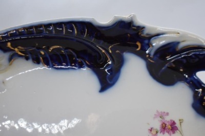 Mrkd. R.S. Prussia (steeple mark) cobalt dbl. handled tray, small floral bouquet - 2
