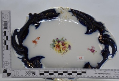 Mrkd. R.S. Prussia (steeple mark) cobalt dbl. handled tray, small floral bouquet - 7