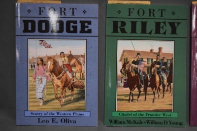 (8) Paper back volumes of Kansas Fort series books from the Kansas State Historical Society, (6) by Leo E. Oliva, (1) J. Patrick Hughes, (1) by William McKale/Wm D. Young, C. 1996, 1997, 1998, 2000 - 9