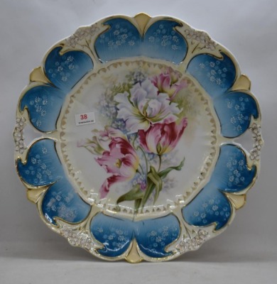 Mrkd. R.S. Germany (steeple mark) 11"d cake plate, stylized tulips