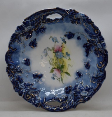 Mrkd. R.S. Prussia (steeple mark) 9.5"d cobalt cake plate, center pink and blue flowers