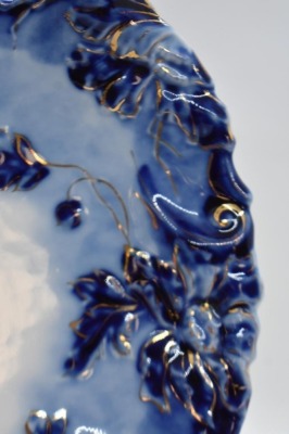 Mrkd. R.S. Prussia (steeple mark) 9.5"d cobalt cake plate, center pink and blue flowers - 2