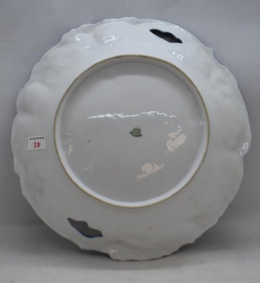 Mrkd. R.S. Prussia (steeple mark) 9.5"d cobalt cake plate, center pink and blue flowers - 4