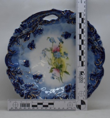 Mrkd. R.S. Prussia (steeple mark) 9.5"d cobalt cake plate, center pink and blue flowers - 6