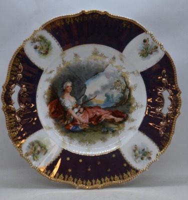 Prussia-related 10.5"d cake plate, Diana the Huntress, Tiffany finish border