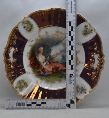Prussia-related 10.5"d cake plate, Diana the Huntress, Tiffany finish border - 6
