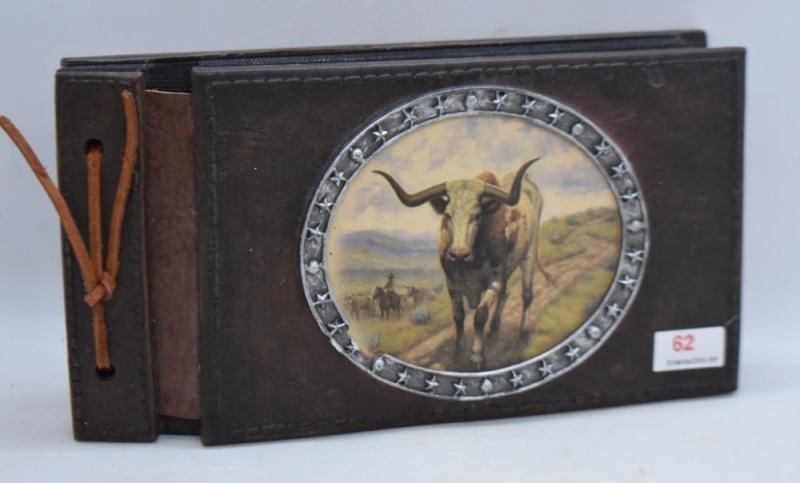 (21) Vintage color post cards, all Halloween themed, in photo album with cover of steer and cowboys