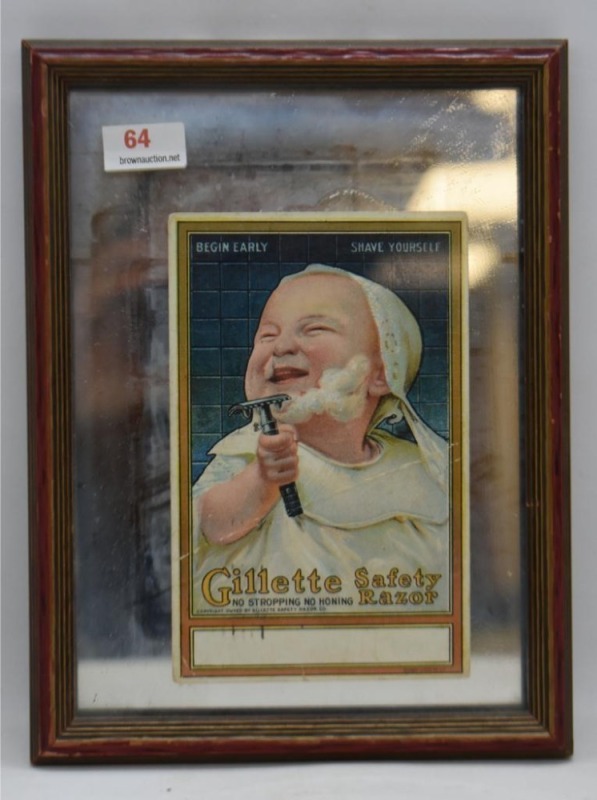 Gillette Safety Razor advertising card by Carey Lithography, mounted in wood frame with mirror behind, C. 1940