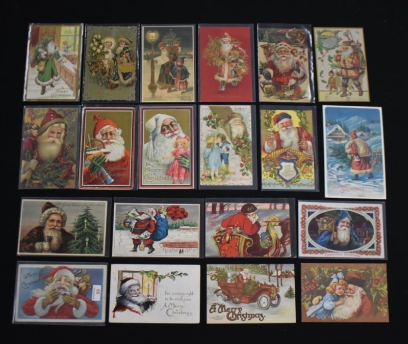 (20) Vintage color post cards, all Christmas/Santa themed, 1 cent stamps on some