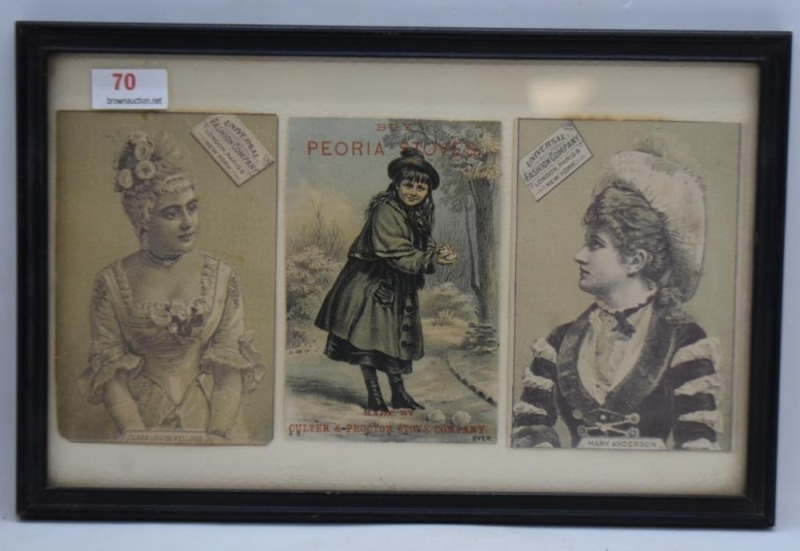 Framed advertising postcards, (2) Universal Fashion Company in black/white with Clara Louise Kellogg and Mary Anderson images; (1) Culter & Proctor Stove Company for Peoria Stoves with girl in color