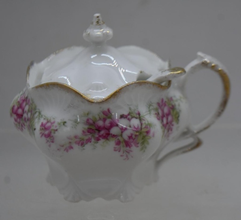 HP porcelain mustard pot w/ lid and spoon, tiny pink and white flowers