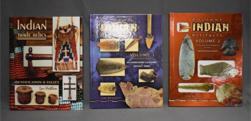 (3) Hard back books: 1 - Ancient Indian Artifacts, Volume 1: Introduction to Collection, by Jim Bennett, Collector Books, KY, 2008; 2 - Ancient Indian Artifacts, Volume 2: Collecting Flint Weapons & Tools, Identifcation & Values, by Jim Bennett, Collector