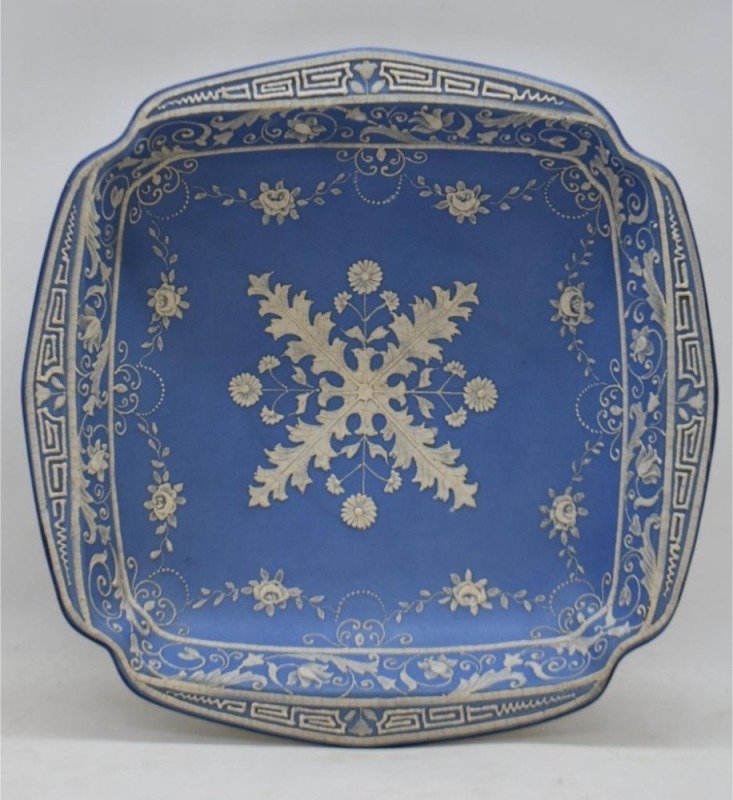 Mrkd. Nippon 8" sq. dia. blue and white Jasper (Wedgwood) design