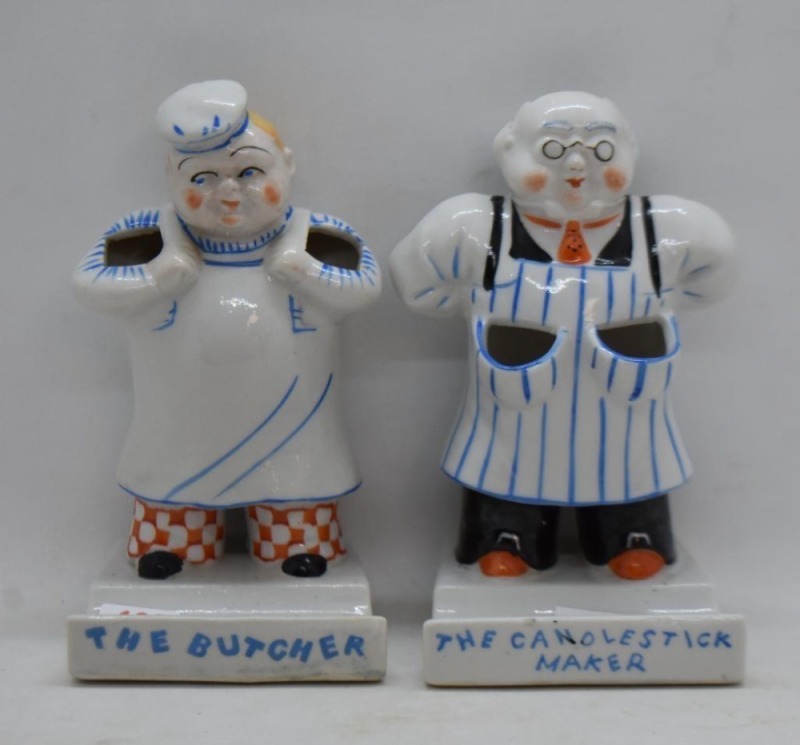 (2) Vintage porcelain figural Butcher and Candlestick Maker toothbrush and toothpaste holders, 5.25" tall, free standing or wall mount, ca. 1930's