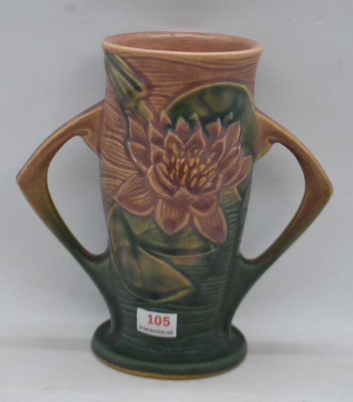 Roseville Water Lily 72-6" vase, pink/ green .