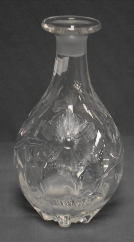 Cut crystal 7"h decanter, Intaglio sunflowers/ leaves