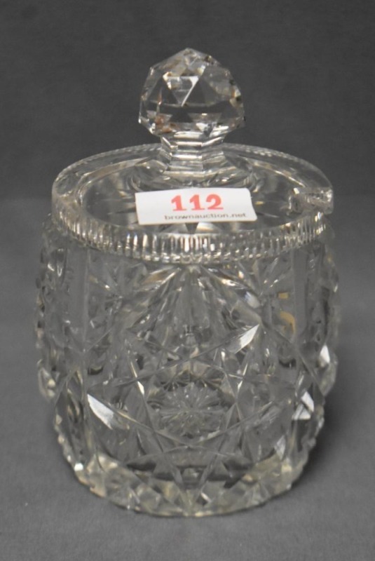 Cut Glass 4"h condiment or jam jar w/ lid, Hobstar