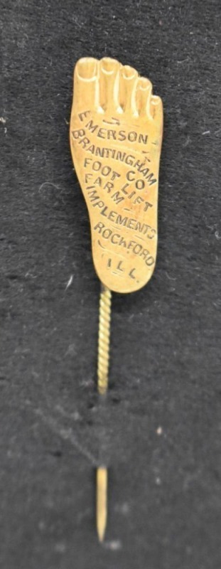 Advertising figural foot pinback - Emerson Brantingham Foot Lift Farm Machinery, Rockford, IL