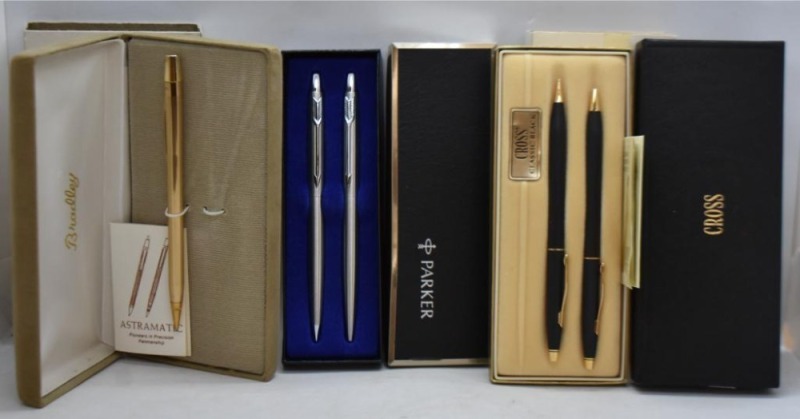 (2) Pen and pencil sets - Cross and Parker; (1) Bradley mechanical pencil, original boxes