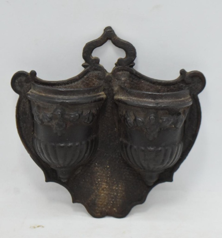 Mrkd. Bradley and Hubbard wall hanging Cast Iron dbl. match holder, 4"h x 4"w