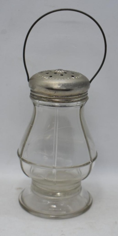 Lantern-shaped 5.25" sugar/ spice shaker, silverplate lid and carrying handle