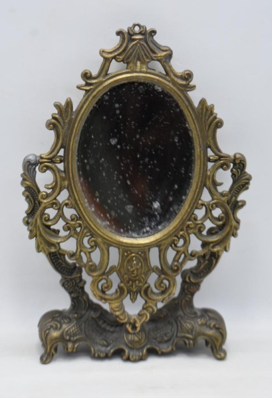 Art Nouveau 7" vanity table mirror, Italian filigree metal (Made in Italy paper sticker)
