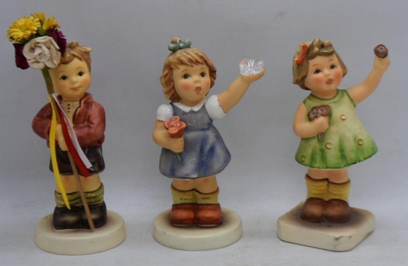(3) Hummel 4" figurines: A Simple Wish (2010); Forever Yours (First Issue 1996/ 97); Spring Gifts (Membership Year 2008/ 2009