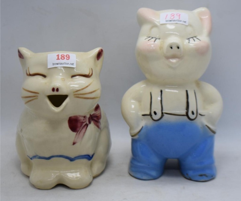 (2) Shawnee Pottery pcs: Puss'n Boots 4.5" creamer; 6" pig in overalls bank