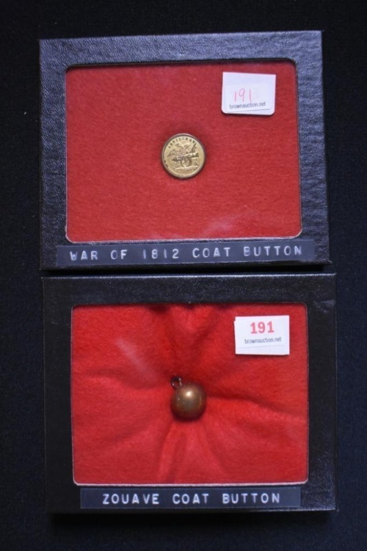 (2) Military coat buttons: War of 1812; Zouave