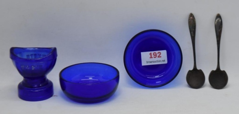 (2) Cobalt salt dips w/ spoons and cobalt Wyeth eye cup